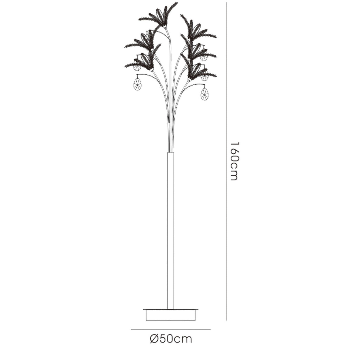 Line drawing of the Kenzo 6 Light Crystal Floor Lamp in French gold, a tall luxury lamp with six lights, crystal details, round base, multiple fronds, measuring 160 cm high and 50 cm in diameter.