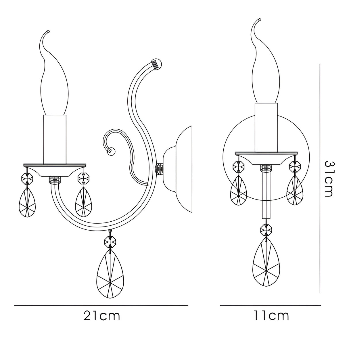 Luna 1 Light Crystal Wall Light With Switch - Black Chrome