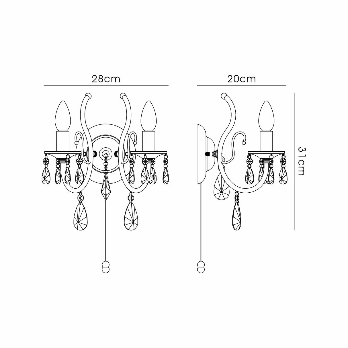 Luna 2 Light Crystal Wall Light With Switch - Black Chrome