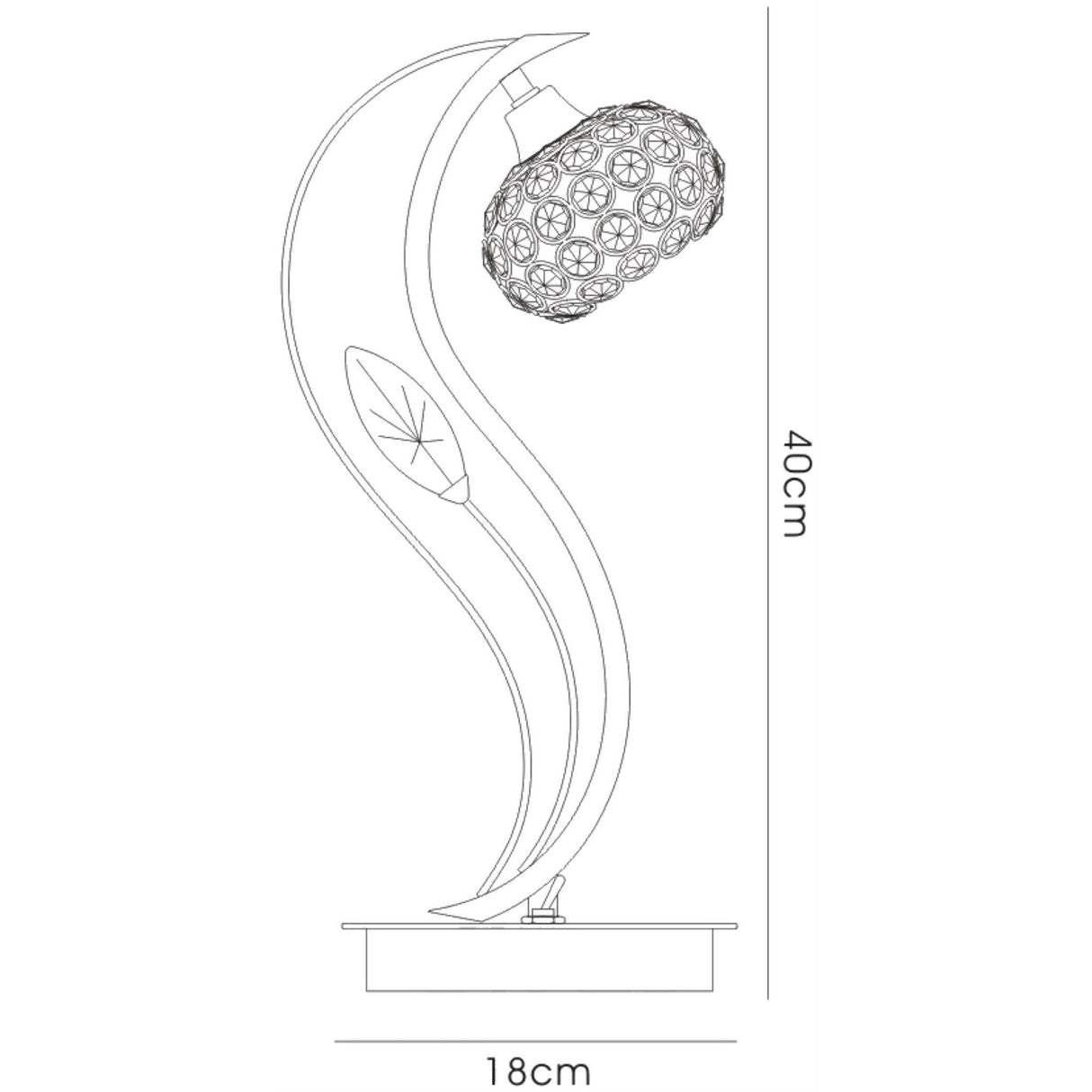 Line drawing of the Leimo 1 Light Crystal Table Lamp in polished chrome, featuring a curving base, an oval accent, and a patterned spherical shade. Lamp measures 40 cm tall and 18 cm wide at the base.