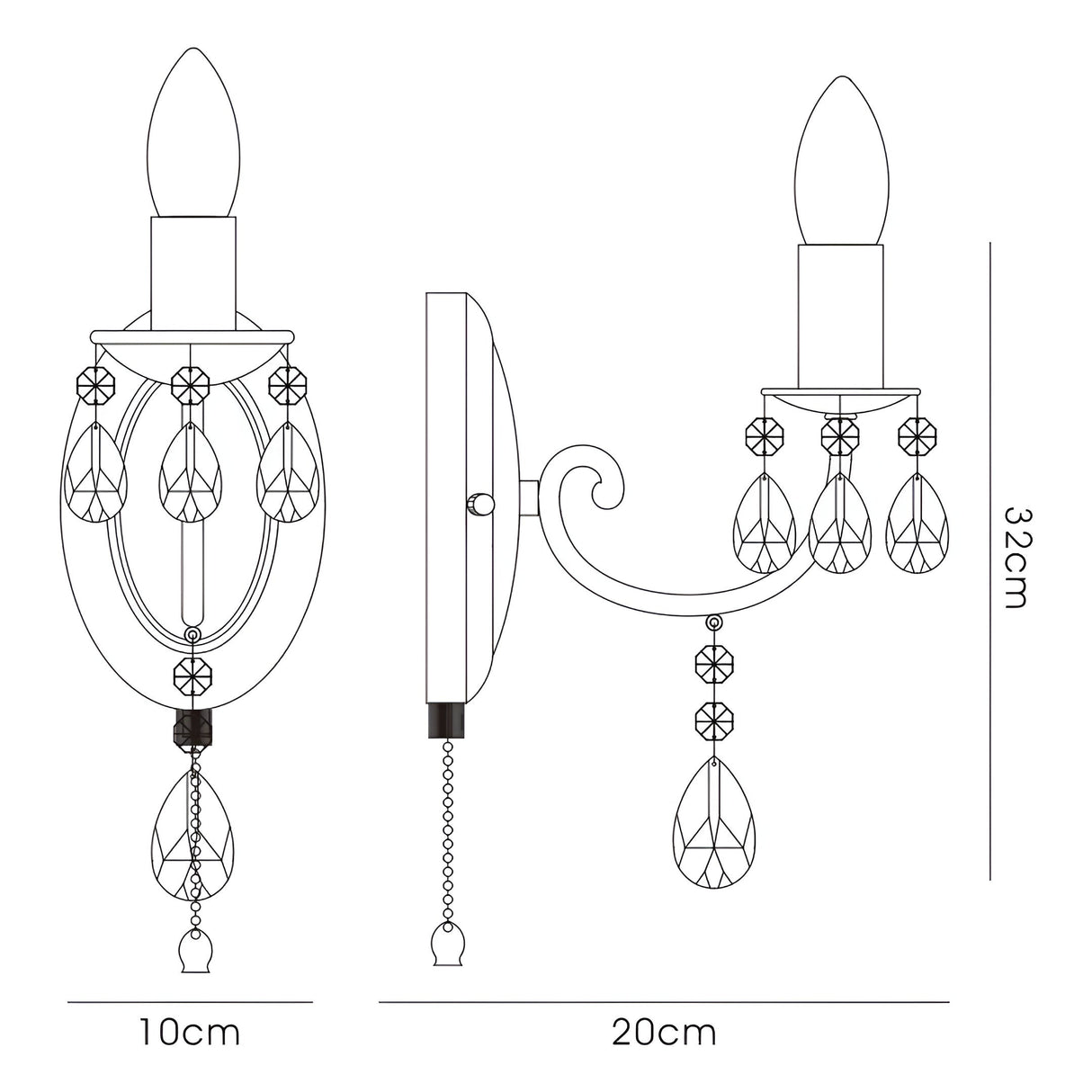 Kyra 1 Light Crystal Wall Light With Switch - Nickel
