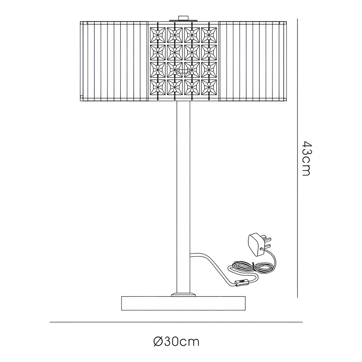Line drawing of the Evelyn 2 Light Crystal Table Lamp in chrome with a black patterned shade, straight stand, and rectangular base. Height: 43 cm, base diameter: 30 cm. Electric cord and plug attached to the lamp’s base.