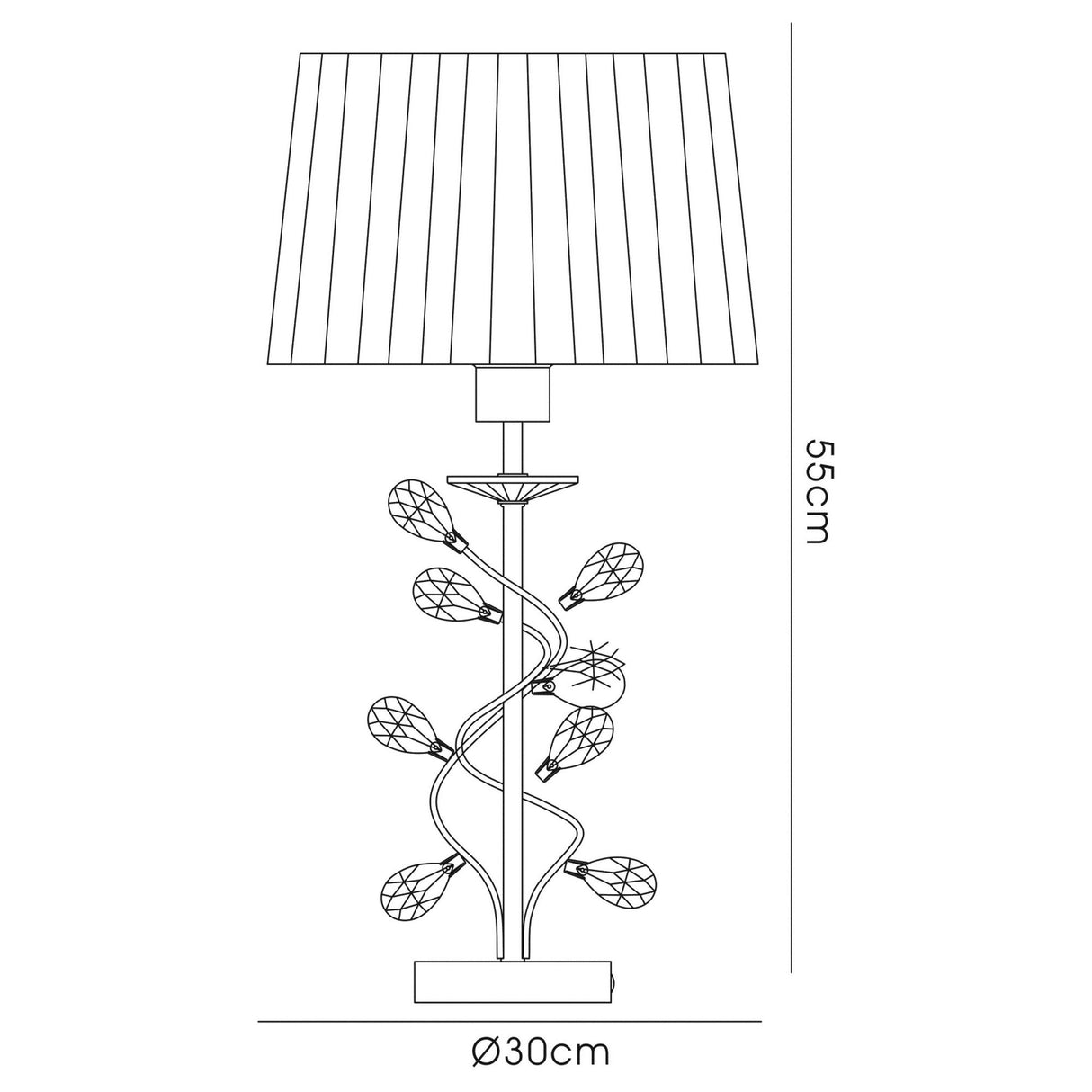 The Willow 1 Light Crystal Table Lamp features a chrome finish with swirling branches, leaf accents, and a white pleated shade; it stands 55 cm tall with a 30 cm base diameter.