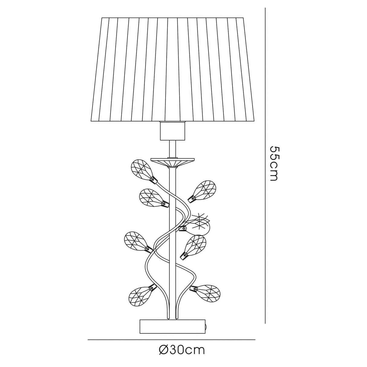Line drawing of the Willow 1 Light Crystal Table Lamp—chrome finish, cream pleated shade, leaf-like stem accents; measures 55 cm tall and 30 cm wide at the base.