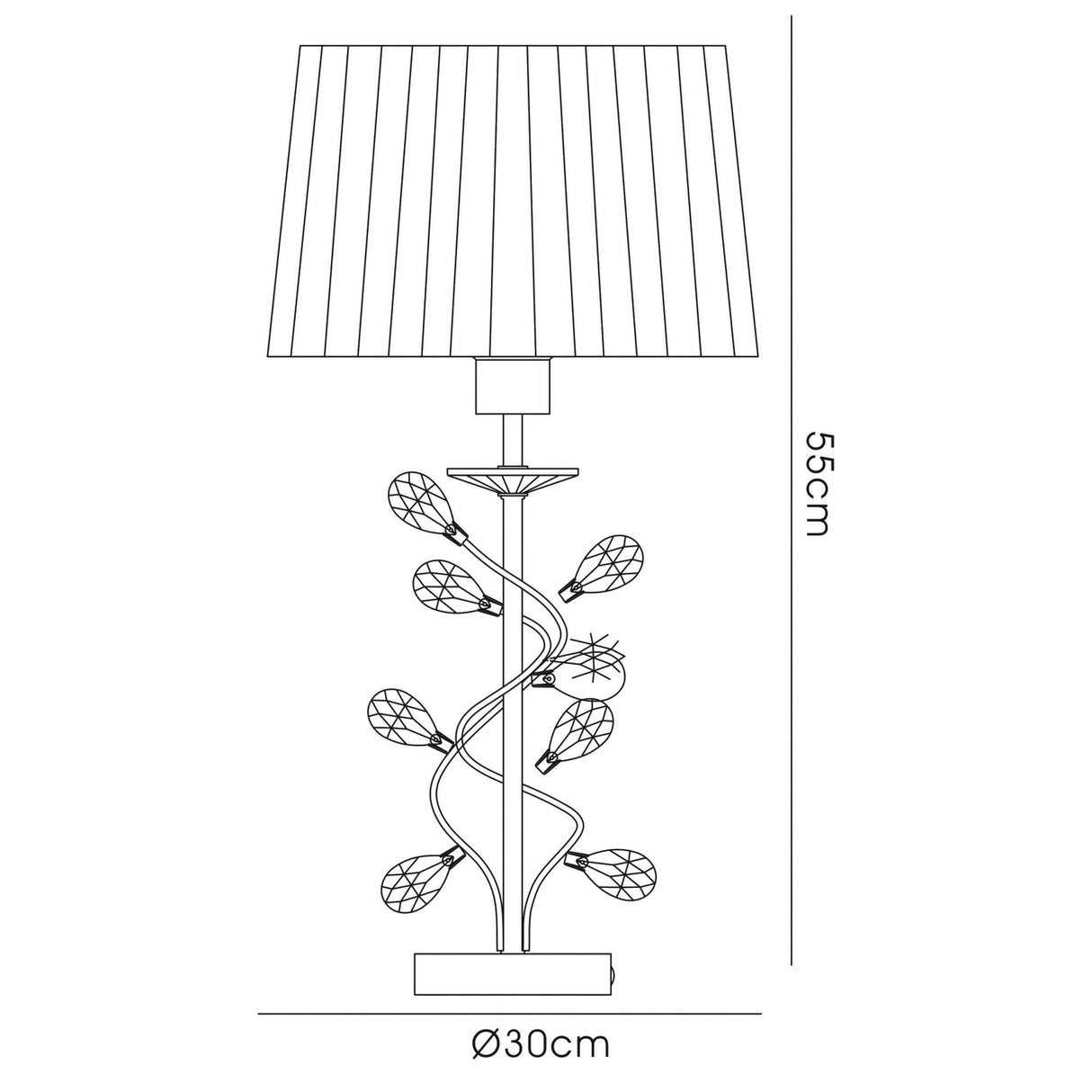 Line drawing of the Willow 1 Light Crystal Table Lamp in brass with a white shade, featuring an antique brass base with twisting vine and leaf details. Dimensions: 55cm high x 30cm diameter. Dimmable with pleated shade.