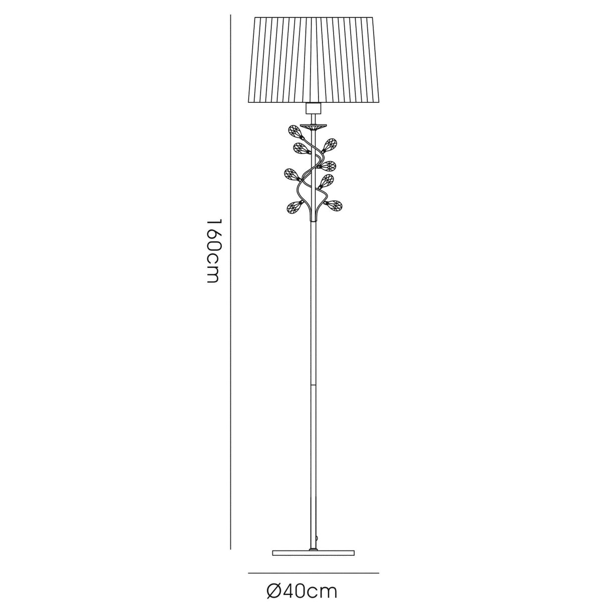 The Willow 1 Light Crystal Floor Lamp features an antique brass stem with decorative leaves, a cream pleated shade, crystal accents, round base, and measures 160 cm tall by 40 cm in diameter.