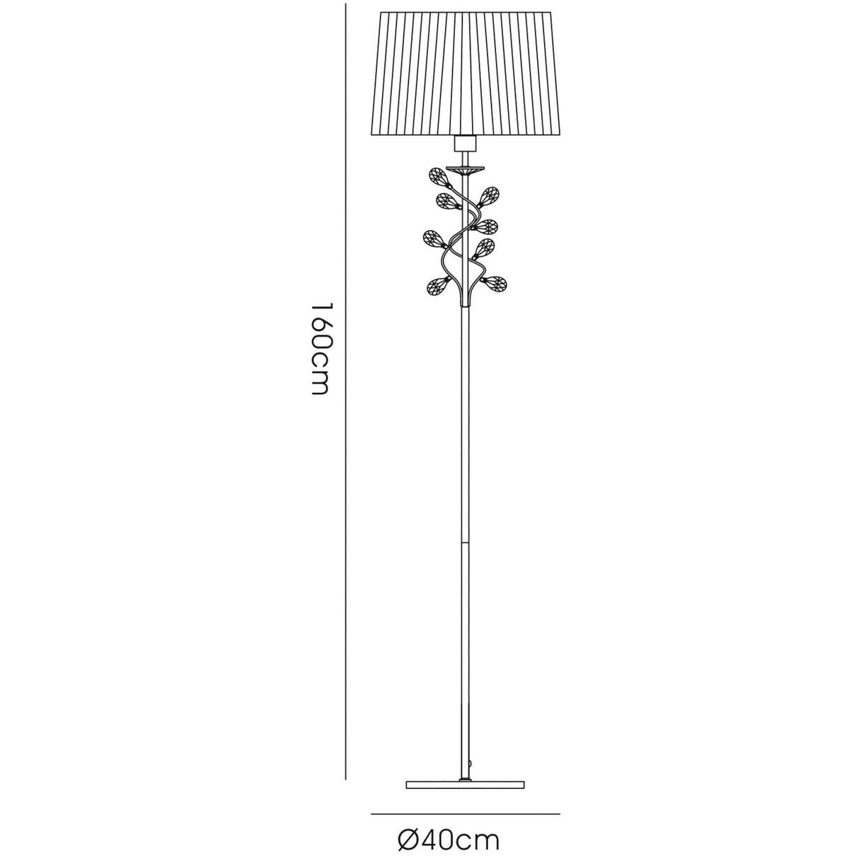 Line drawing of the Willow 1 Light Crystal Floor Lamp in brass with a white shade, featuring decorative branch and leaf details, measuring 160 cm high and 40 cm wide at the base.