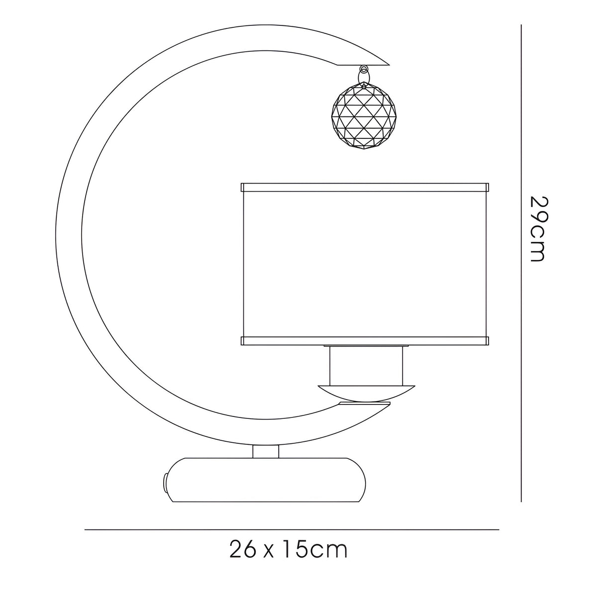 Line drawing of the Lincoln 1 Light Crystal Table Lamp—nickel finish with a crescent frame, frosted glass shade, and hanging crystal globe. Dimensions: 29 cm tall, base measures 26 x 15 cm.