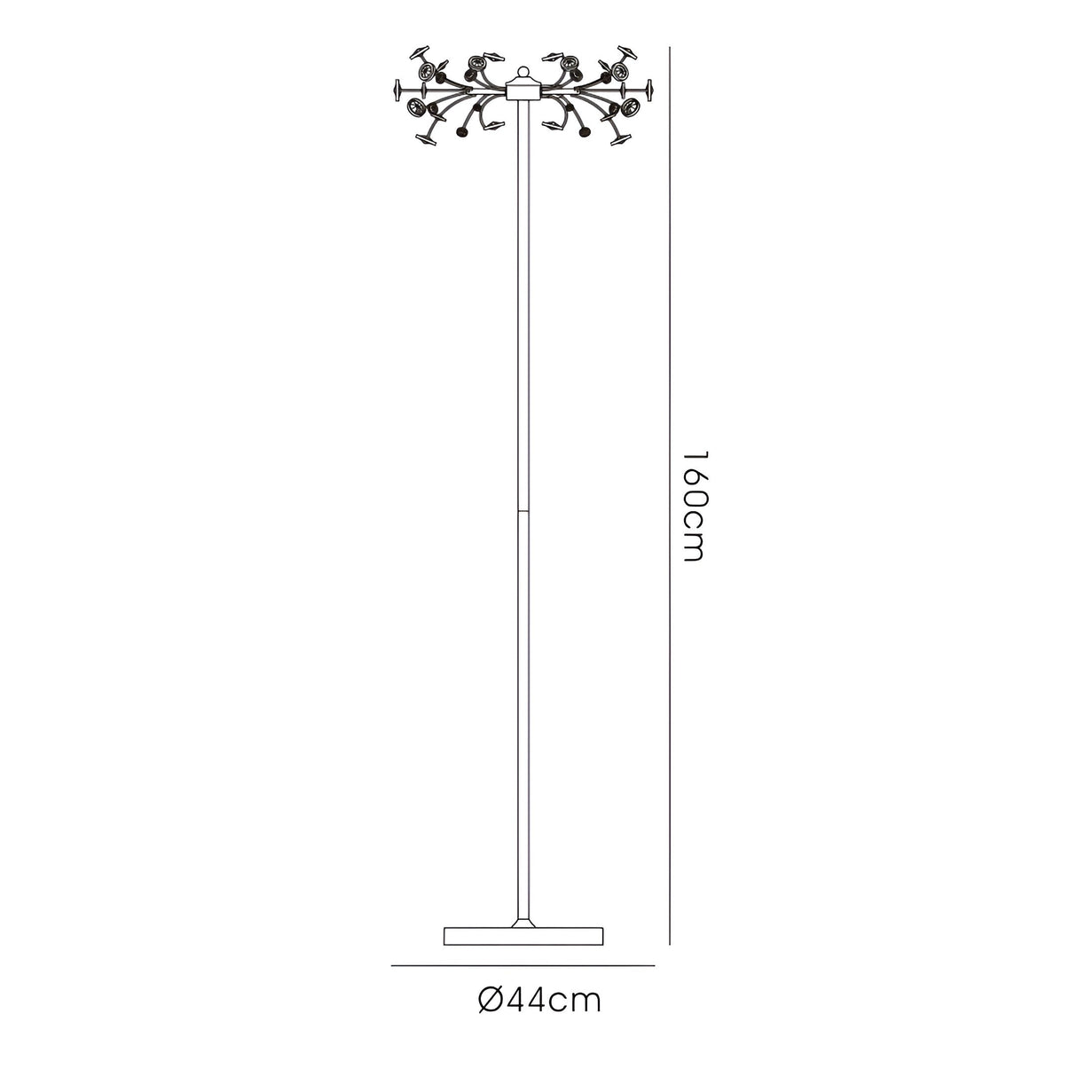 Line drawing of the Savanna 3 Light Crystal Floor Lamp in polished chrome, featuring a decorative clustered light fixture, slim pole, and square base; it stands 160 cm tall with a top section diameter of 44 cm.