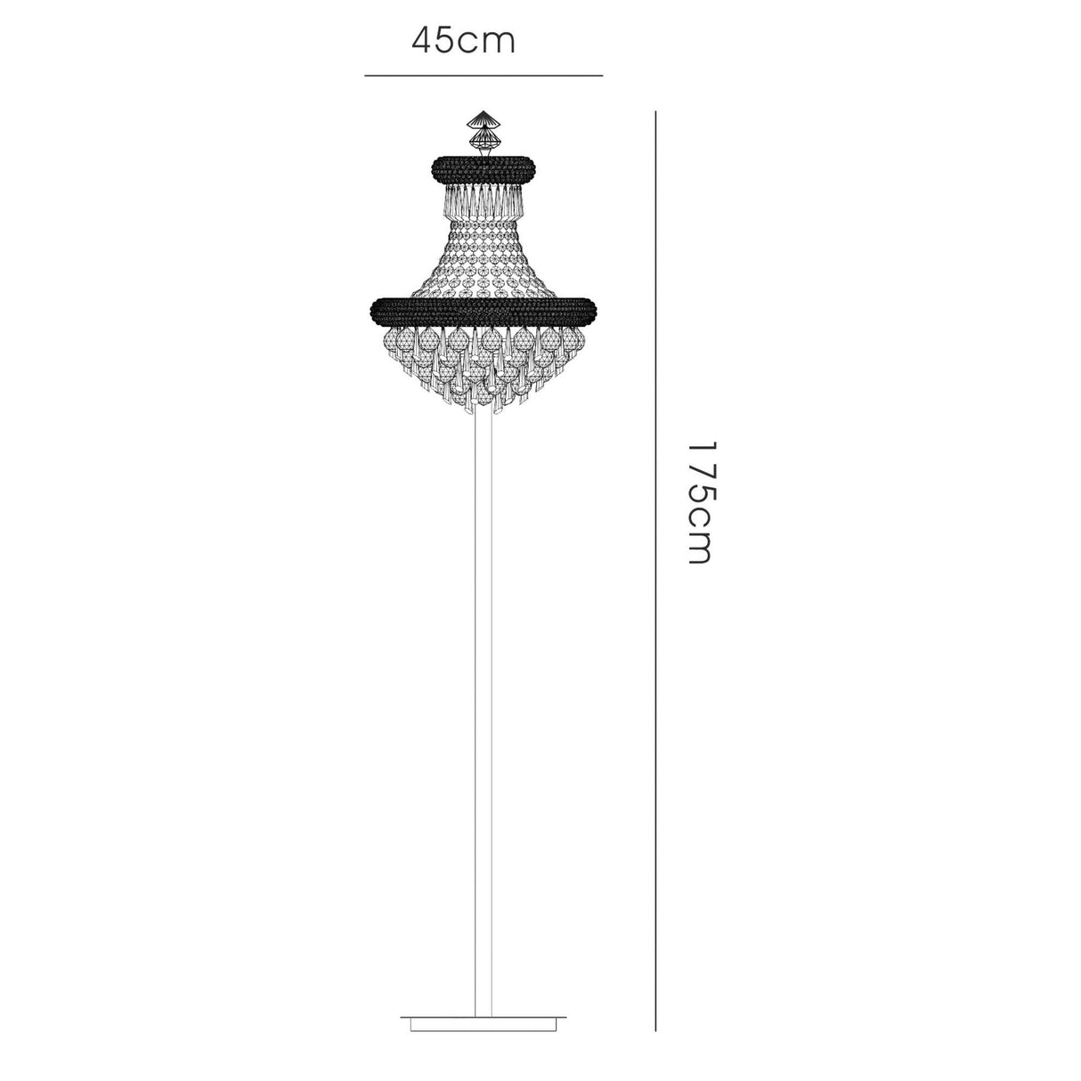 The Alexandra 6 Light Crystal Floor Lamp in polished chrome features an ornate patterned lampshade for ambient lighting. Dimensions: 175 cm tall, 45 cm wide. Measurements are displayed above and beside the lamp.