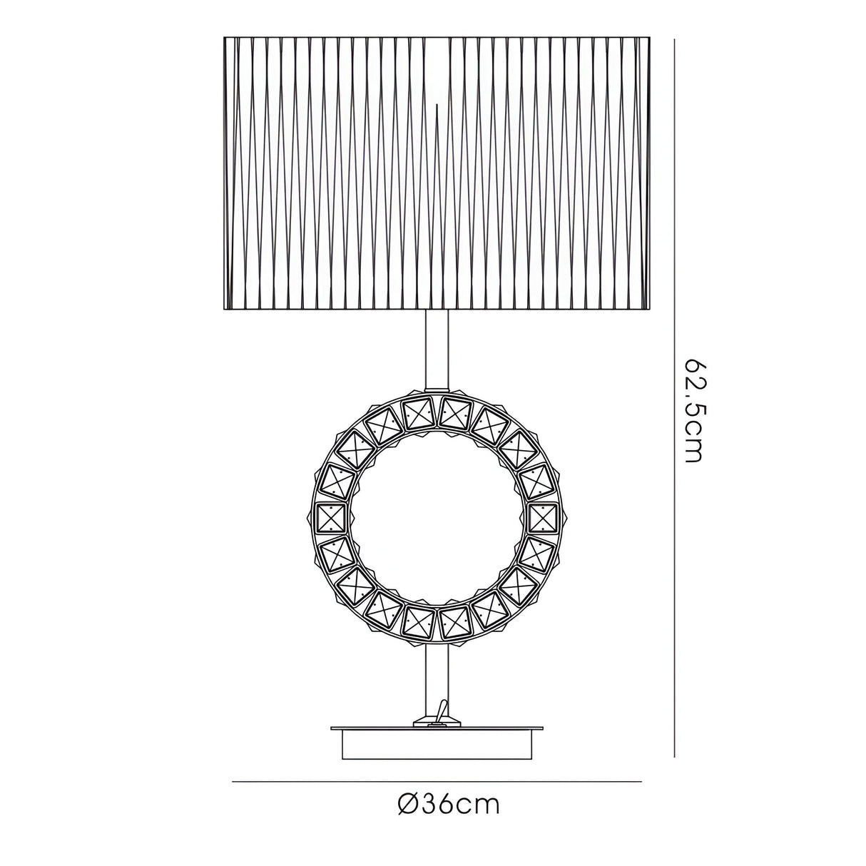 Line drawing of the Florence Round 1 Light Crystal Table Lamp in brass, featuring a patterned circular base, rectangular stand, and textured cream fabric shade. Dimensions: 62.5 cm tall and 36 cm wide at the base.