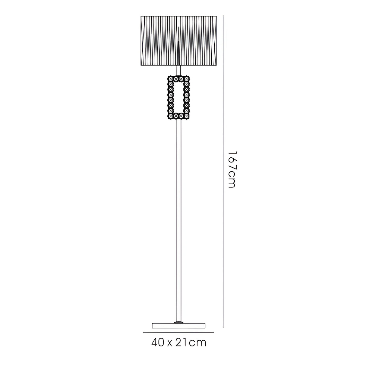Black and white line drawing of the Florence Rectangle 1 Light Crystal Floor Lamp in brass with a cream rectangular shade, featuring a decorative geometric section and measurements: 167 cm tall, base 40 x 21 cm.