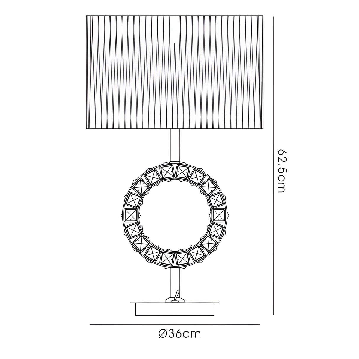 Line drawing of the Florence Round 1 Light Crystal Table Lamp—chrome finish, white rectangular shade, circular geometric-patterned base; total height 62.5 cm, base diameter 36 cm, measurements indicated.