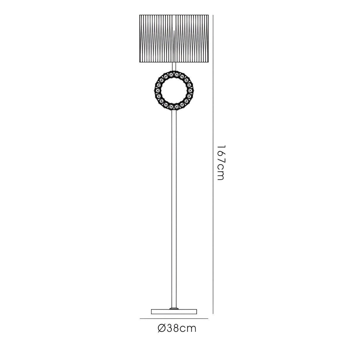 A drawing of the Florence Round 1 Light Crystal Floor Lamp in chrome with a white shade, ideal for contemporary interiors.