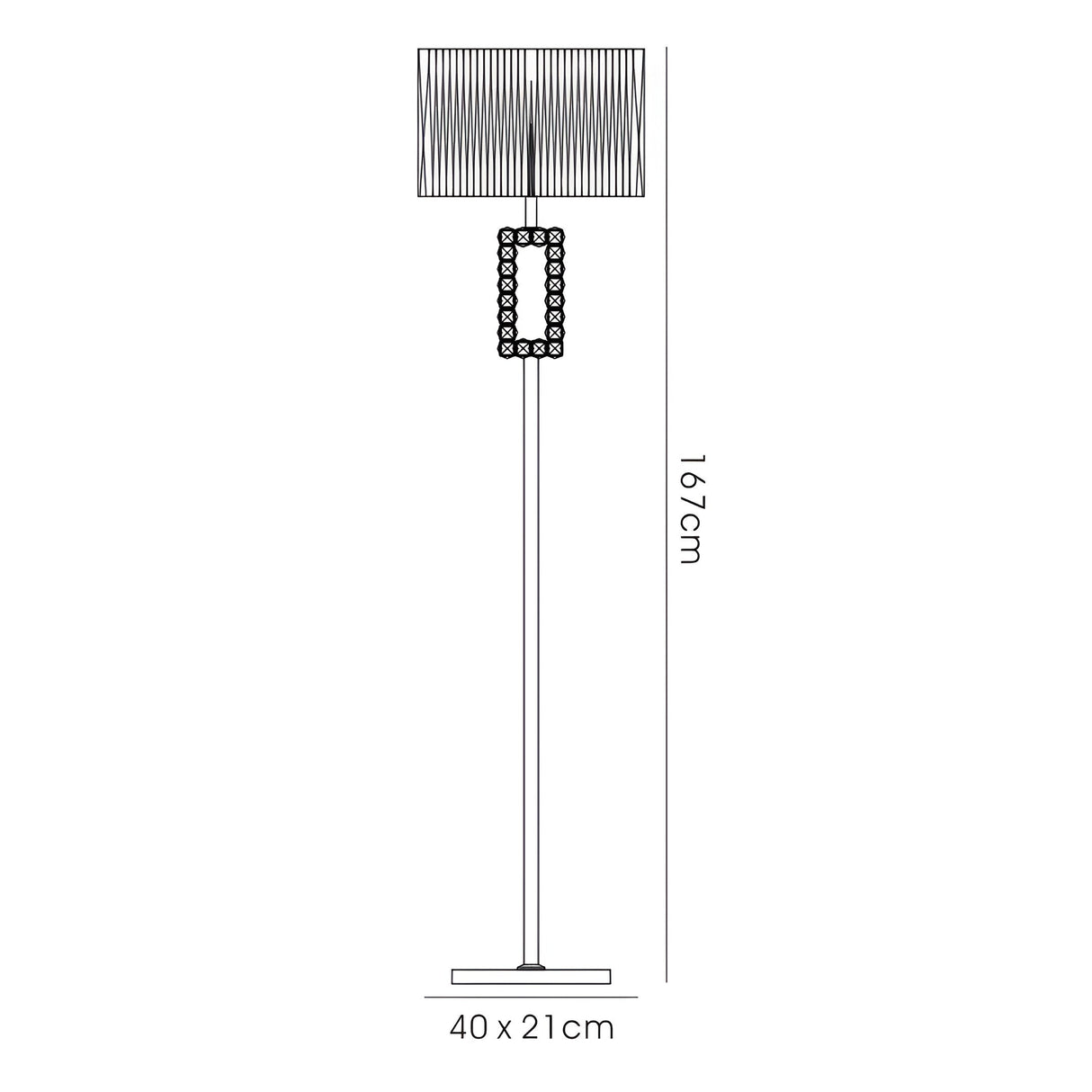 Line drawing of the Florence Rectangle 1 Light Crystal Floor Lamp in chrome with a white shade, featuring a rectangular 40x21 cm base, tall slim pole with circular crystal details, textured rectangular shade, and total height of 167 cm.