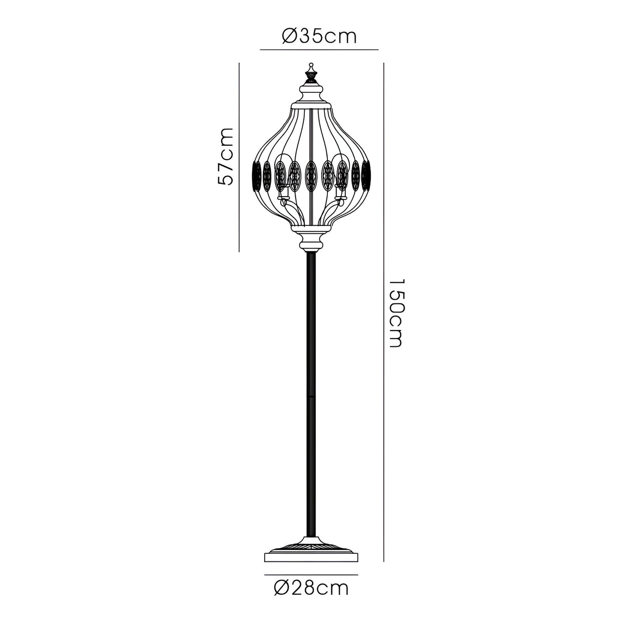 Line drawing of the Marisa 1 Light Crystal Floor Lamp in antique brass, featuring a 150cm height, 35cm wide round decorative shade (57cm high), and 28cm base. All dimensions are clearly labeled.