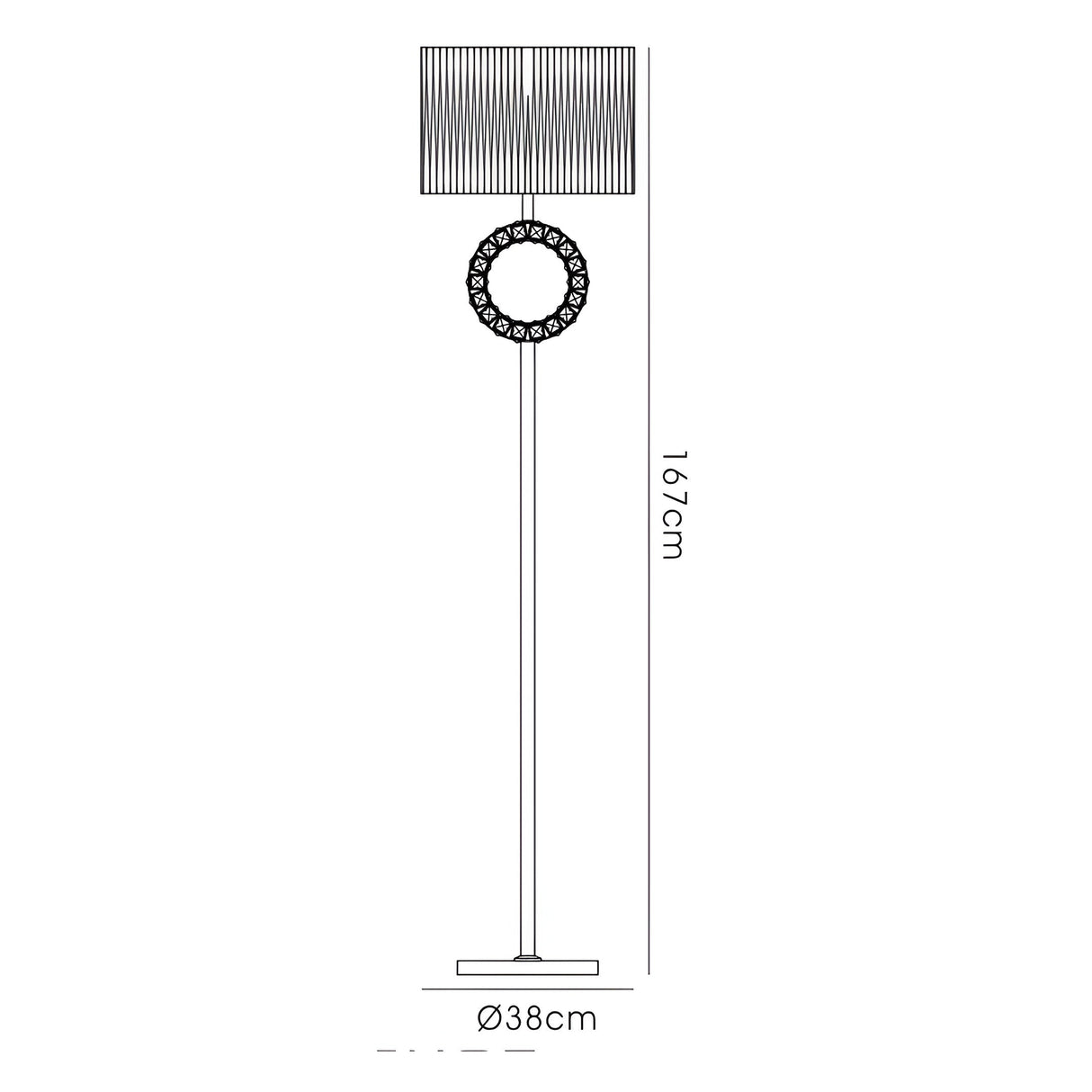 Line drawing of the Florence Round 1 Light Crystal Floor Lamp - Brass With Bronze Shade. This elegant, dimmable floor lamp features a circular crystal below the shade, stands 167 cm tall, and has a 38 cm base diameter.