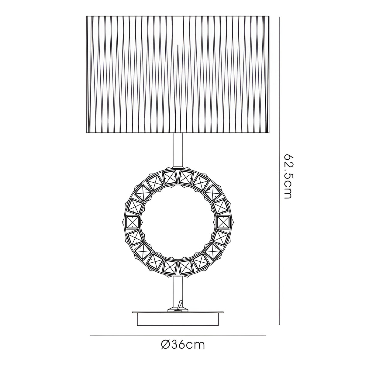 Line drawing of the Florence Round 1 Light Crystal Table Lamp in chrome with a black cylindrical shade, circular geometric base, and flat platform. The lamp stands 62.5 cm tall and has a 36 cm diameter at the polished chrome base.
