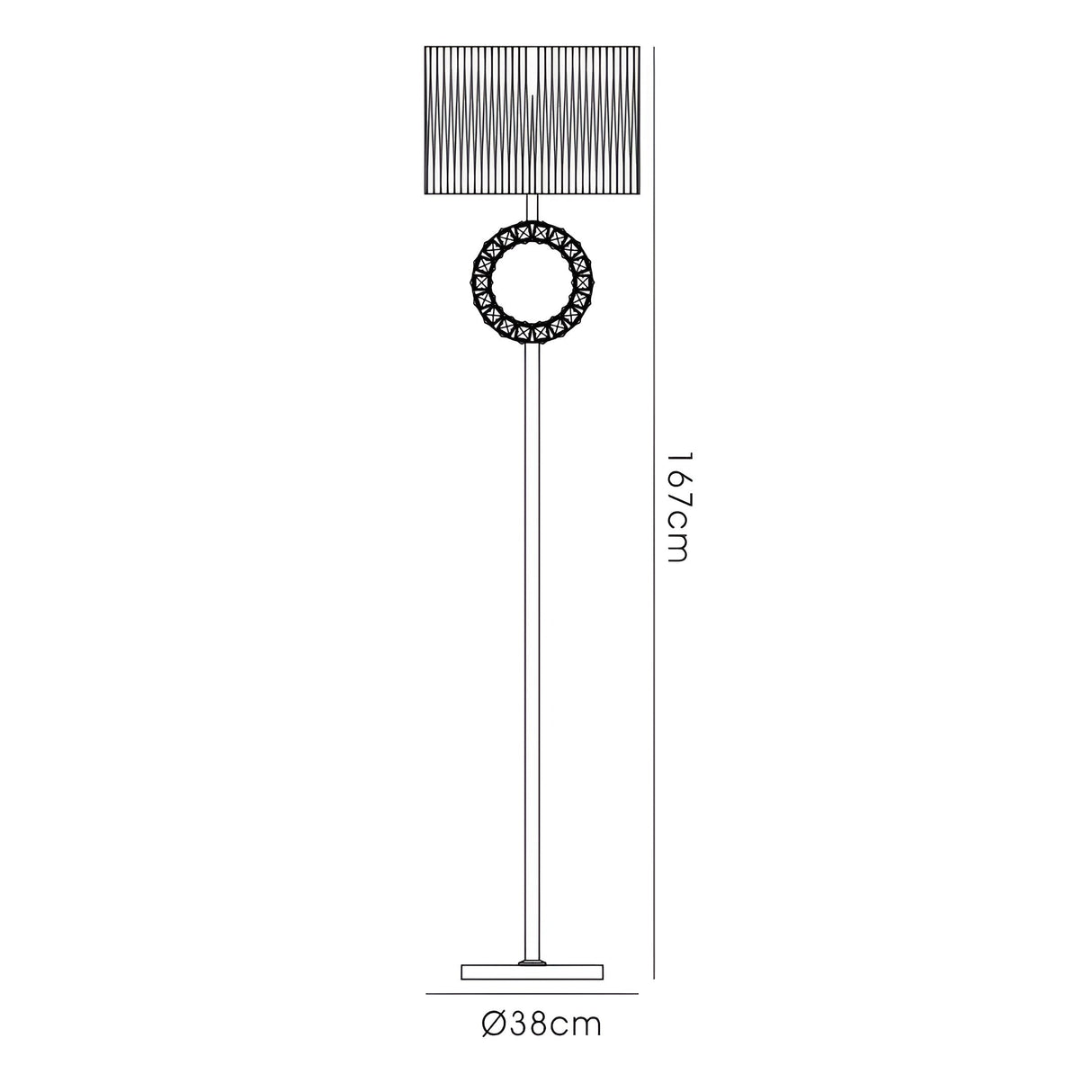 The Florence Round 1 Light Crystal Floor Lamp features a slim, 167 cm tall chrome stand with vertical lines, a black shade, circular crystal detail, and a polished square base (38 cm diameter) for elegant ambient lighting.