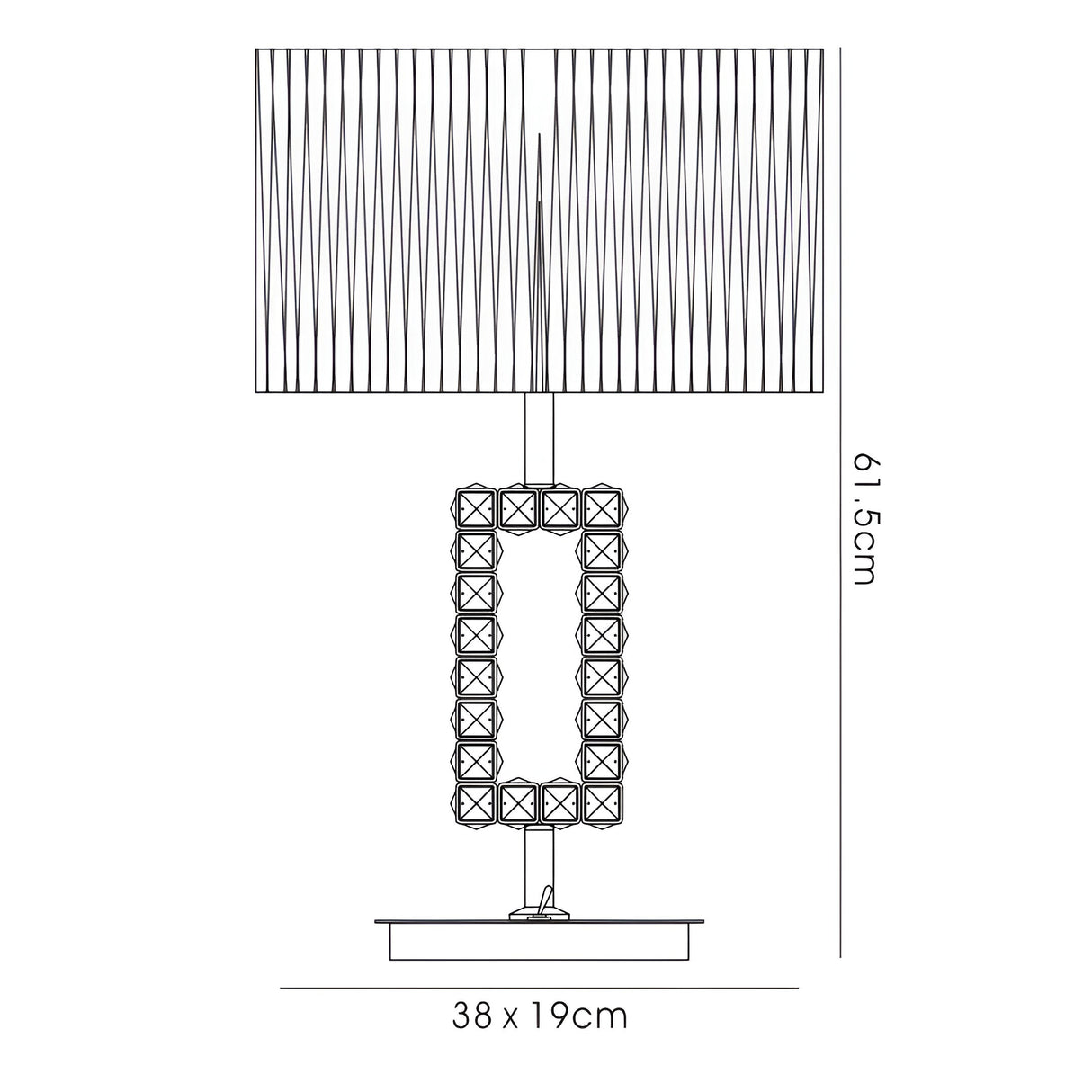 Line drawing of the Florence Rectangle 1 Light Crystal Table Lamp in chrome with a black shade, featuring a patterned open rectangular base, pleated lampshade, and dimensions: 61.5 cm tall, 38 x 19 cm wide.