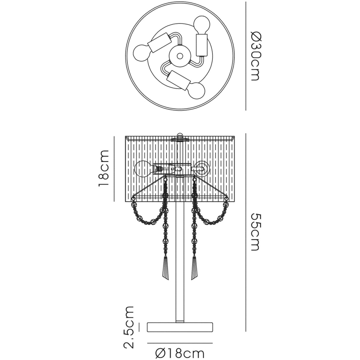 Line drawing of Freida 3 Light Crystal Table Lamp—gold finish, cream organza shade, 55cm tall, 18cm wide base and shade, 30cm shade diameter. Top/front views with crystal beads, tassels, and ornate detailing.