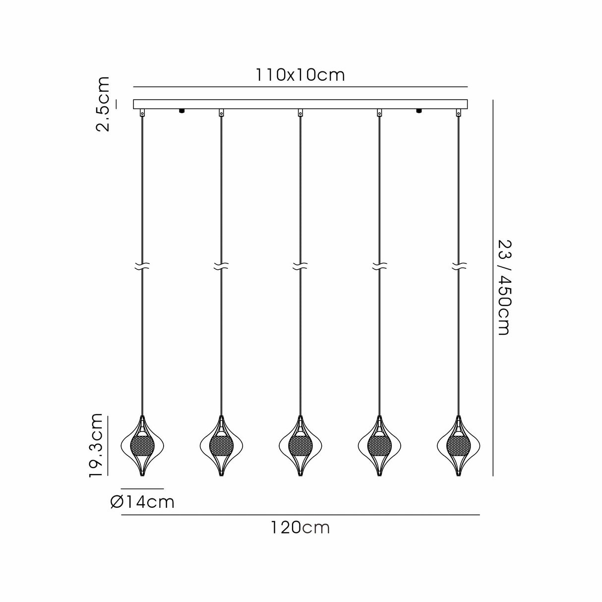 Amano Large 5 Light Crystal Bar Pendant Light - Polished Chrome