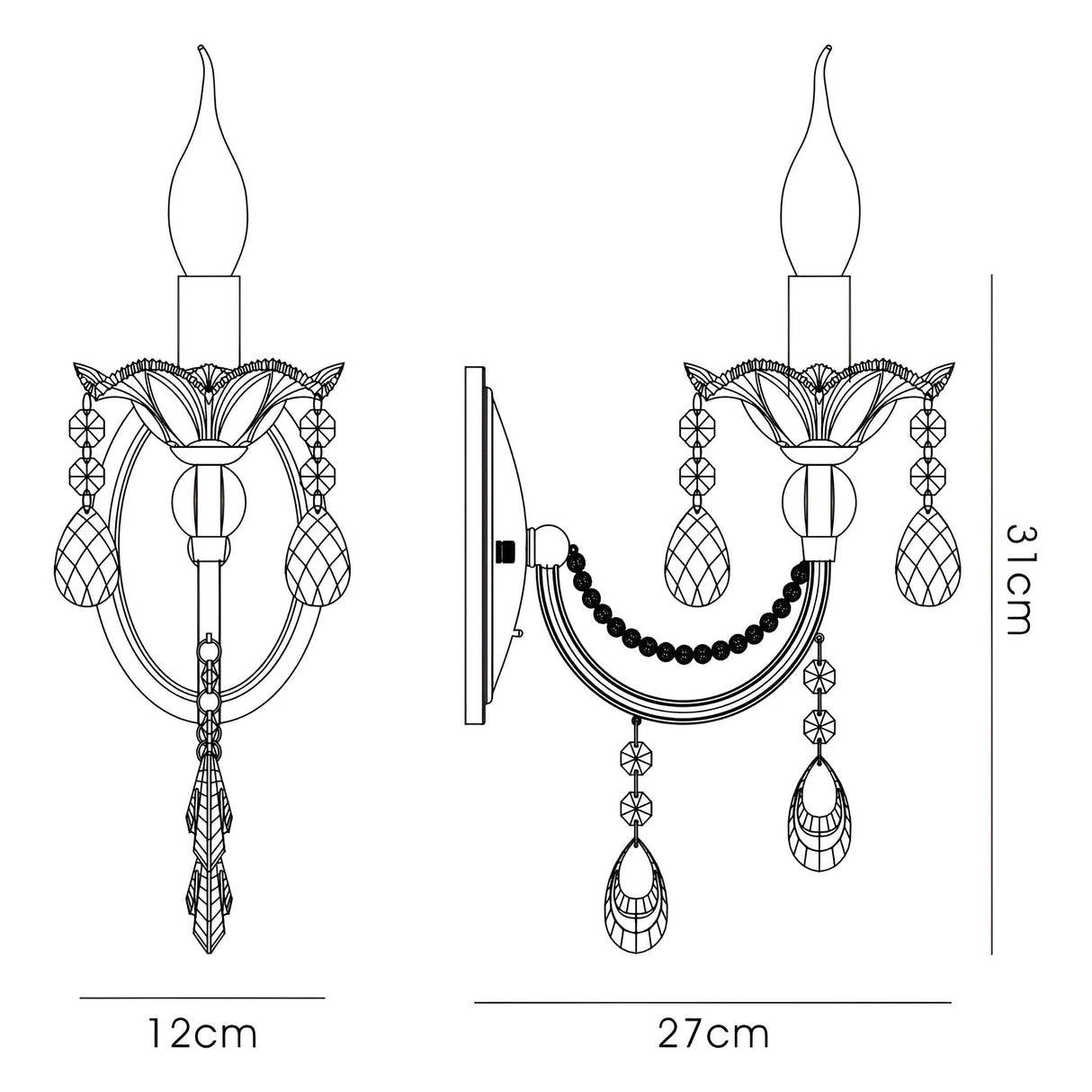 Leana 1 Light Crystal Wall Light With Switch - Nickel