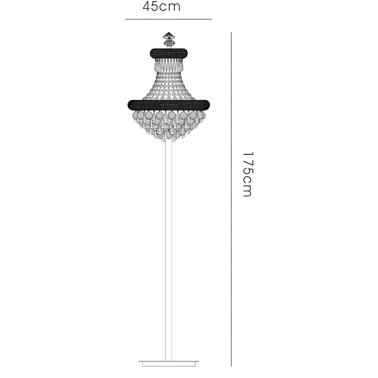 Line drawing of the Alexandra 6 Light Crystal Floor Lamp - Gold, showing a decorative lampshade. The lamp stands 175 cm high with a 45 cm wide shade, and measurements are marked with labeled lines beside the lamp.