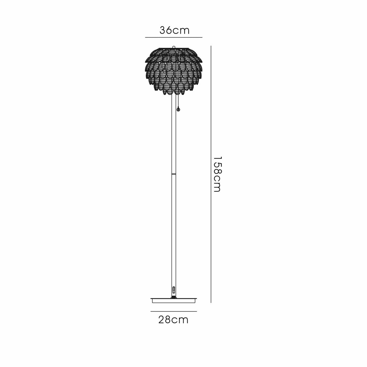 Line drawing of the Coniston 3 Light Crystal Floor Lamp in French Gold with a decorative, feather-like shade. Dimensions: height 158 cm, shade width 36 cm, base width 28 cm.