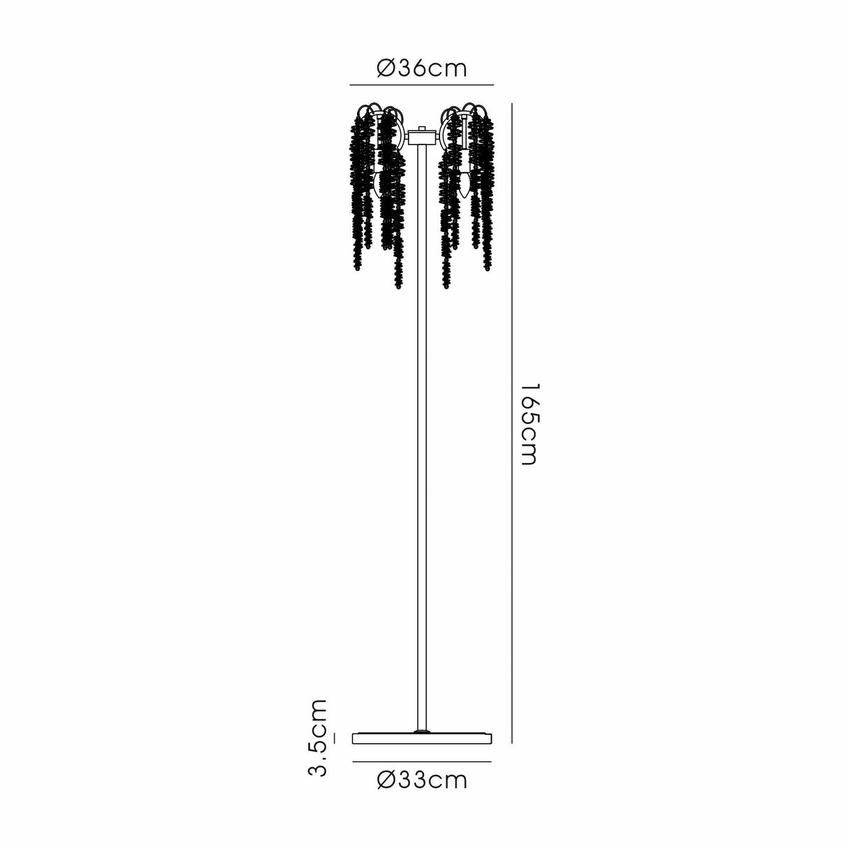 Line drawing of the Wisteria 4 Light Crystal Floor Lamp in French Gold, featuring cascading crystals for ambient lighting. Dimensions: height 165cm, base diameter 33cm, top width 36cm, base thickness 3.5cm.