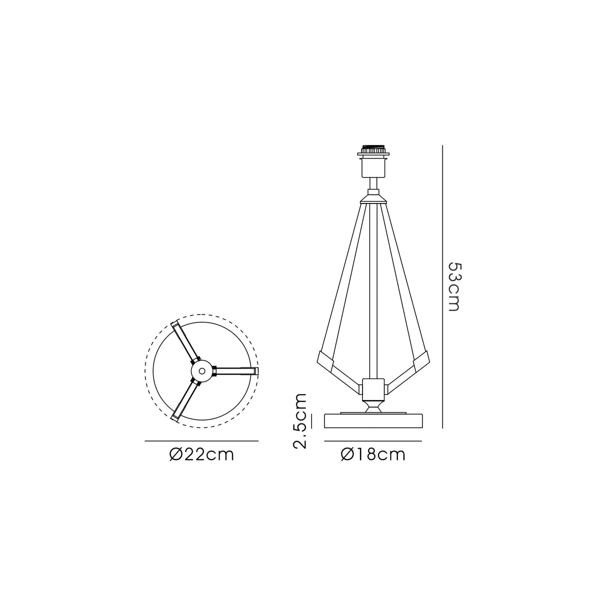 Line drawing of the Hilton 1 Light Wood Table Lamp - Nickel (Without Shade) with front and side views, showing dimensions: height 53 cm, base diameter 18 cm, top diameter 22 cm, vertical section height 2.5 cm.