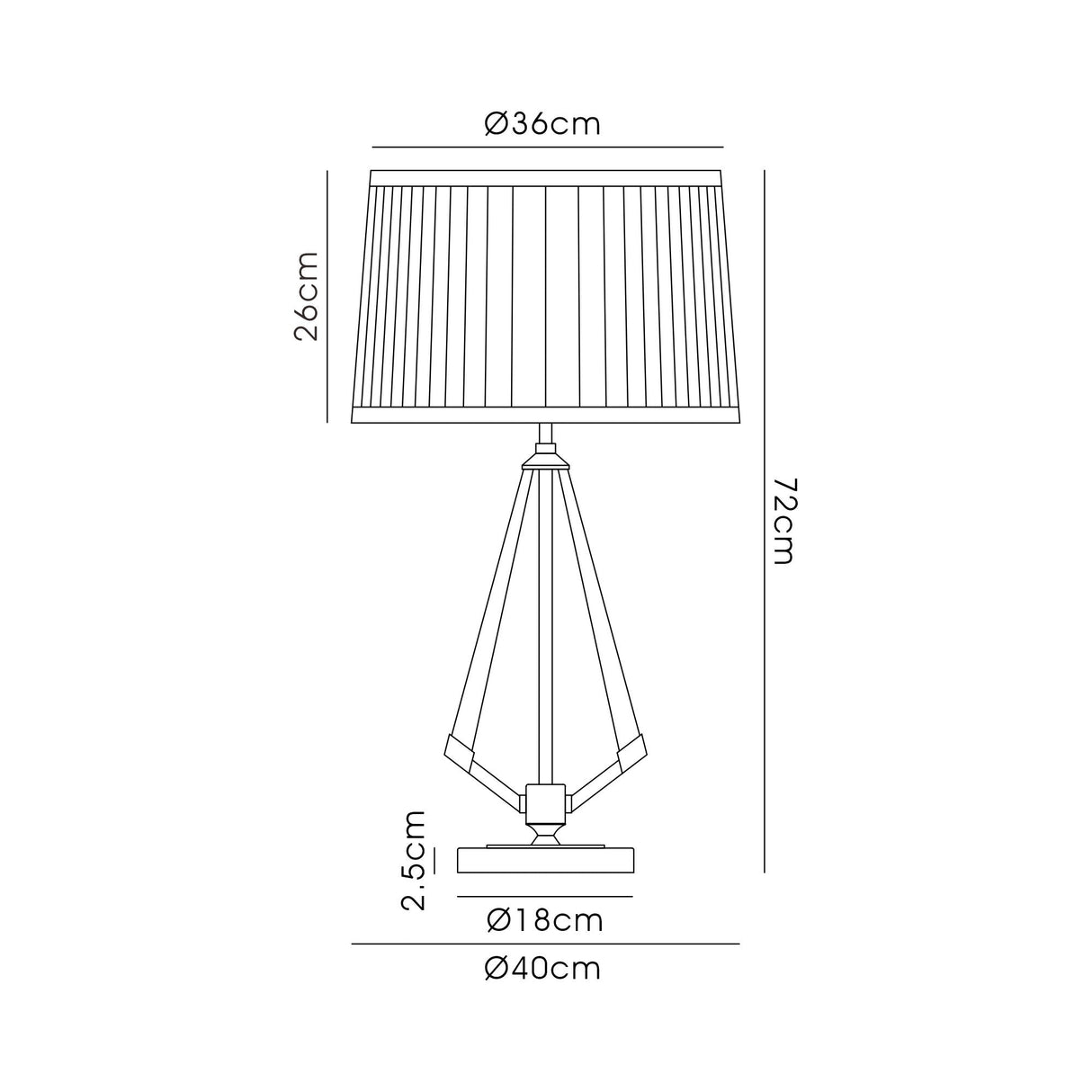 Line drawing of the Hilton 1 Light Wood Table Lamp - Black With Cream Shade, with labeled dimensions: lamp height 72 cm, shade height 26 cm, base height 2.5 cm, shade diameter 36 cm, base width 18 cm, and base diameter 40 cm.