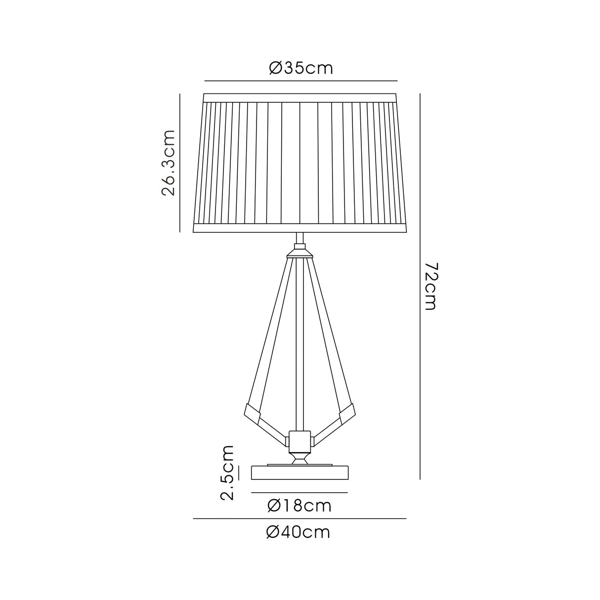 Line drawing of the Hilton 1 Light Small Wood Table Lamp - Black With Black Shade. Shade diameter: 35cm, lamp height: 72cm, shade height: 26.3cm, base height: 2.5cm, base diameter: 18cm, overall width: 40cm.