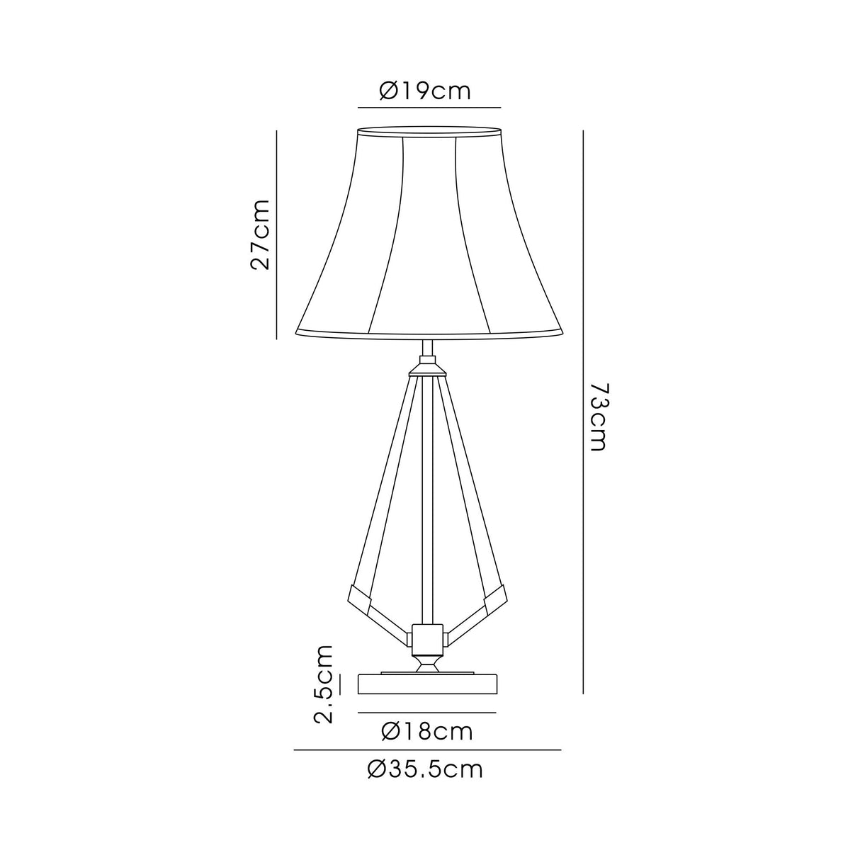 Line drawing of the Hilton 1 Light Wood Table Lamp - Nickel with Cream Shade: shade diameter 19cm, shade height 27cm, base height 2.5cm, base diameter 18cm, overall height 73cm, base width 35.5cm.