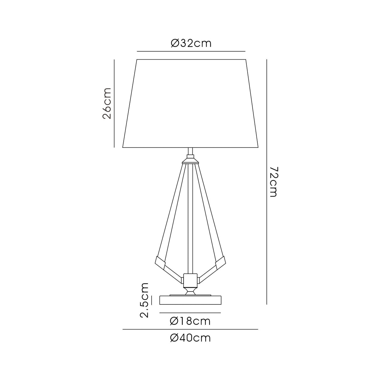 Line drawing of the Hilton 1 Light Wood Table Lamp – Nickel With Nude Beige Shade, measurements: shade diameter 32cm, shade height 26cm, total lamp height 72cm, base height 2.5cm, base width 40cm; lower lamp width is 18cm.
