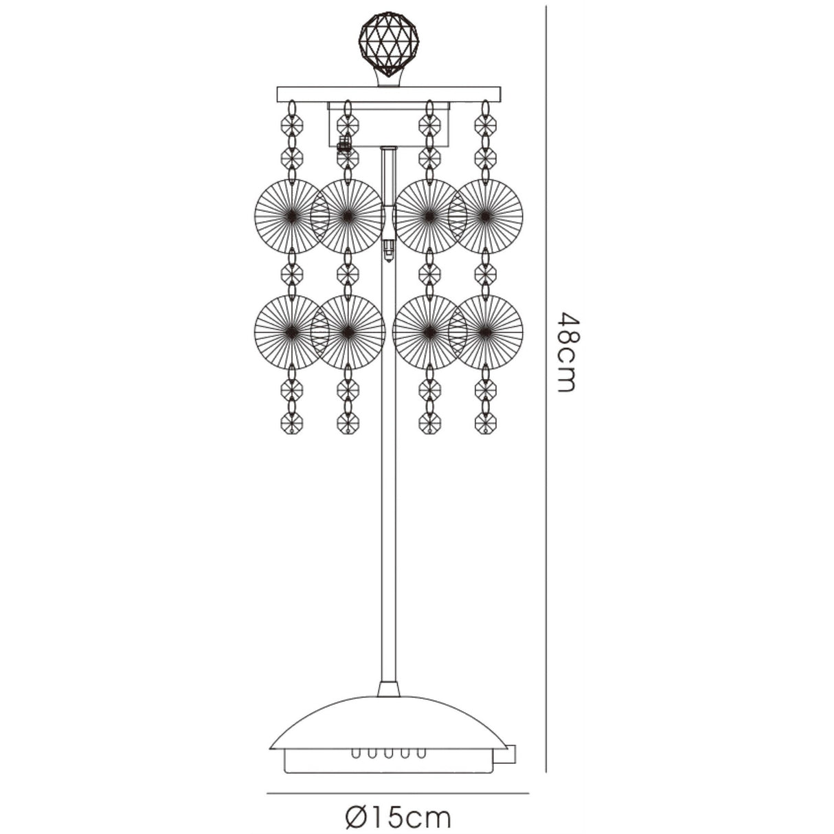 Line drawing of the Nico 3 Light Crystal Table Lamp in polished chrome, 48 cm tall with a 15 cm base, featuring layered hanging crystal ornaments and a faceted optical prism glass finial on top.