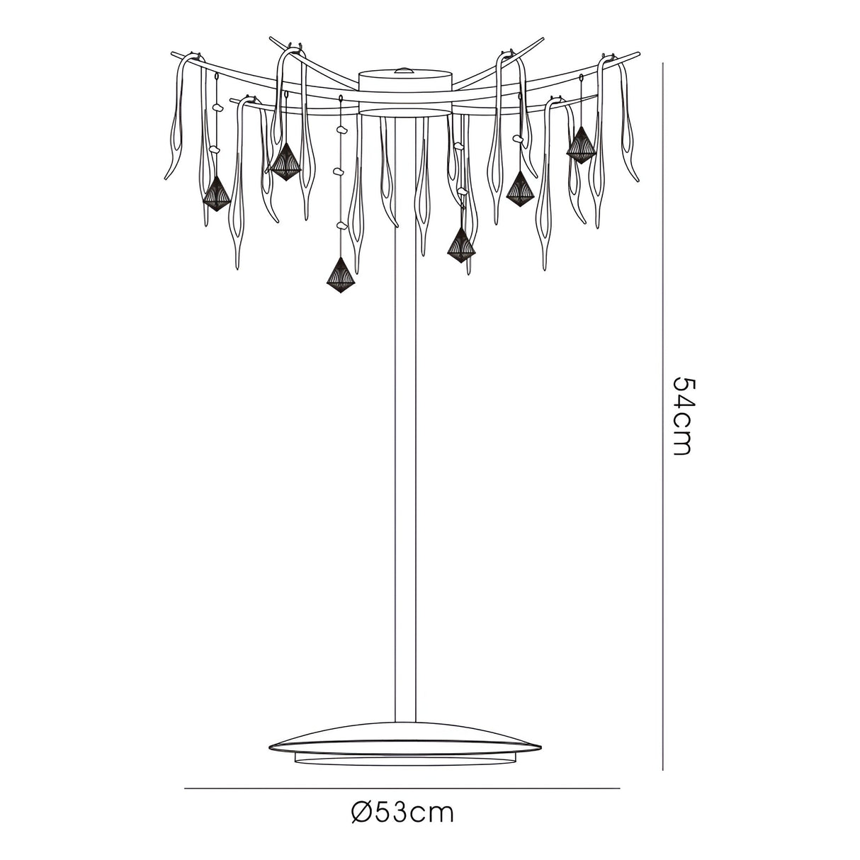 Line drawing of the Cygnet 6 Light Crystal Table Lamp in chrome with black glass, featuring hanging crystal-like ornaments and wavy accents, 54 cm tall with a 53 cm base diameter—an elegant luxury lighting piece.