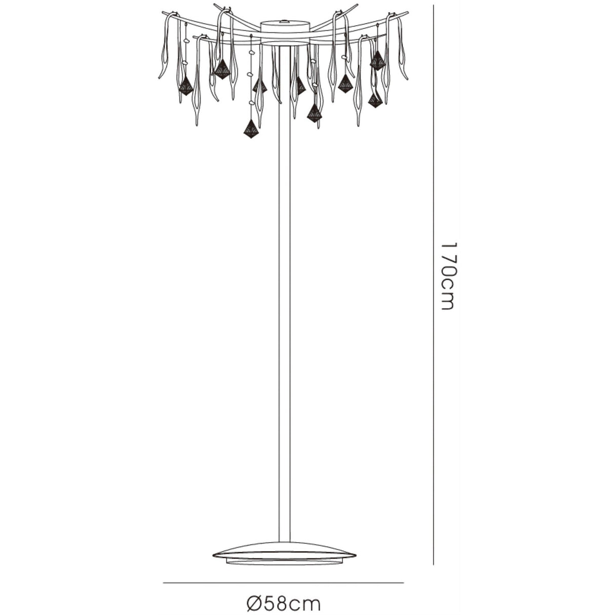 Line drawing of the Cygnet 6 Light Glass & Crystal Floor Lamp - Chrome, standing 170cm tall and 58cm wide, featuring modern lighting with hanging glass and crystal pendants around the lampshade. Measurements shown beside and below.