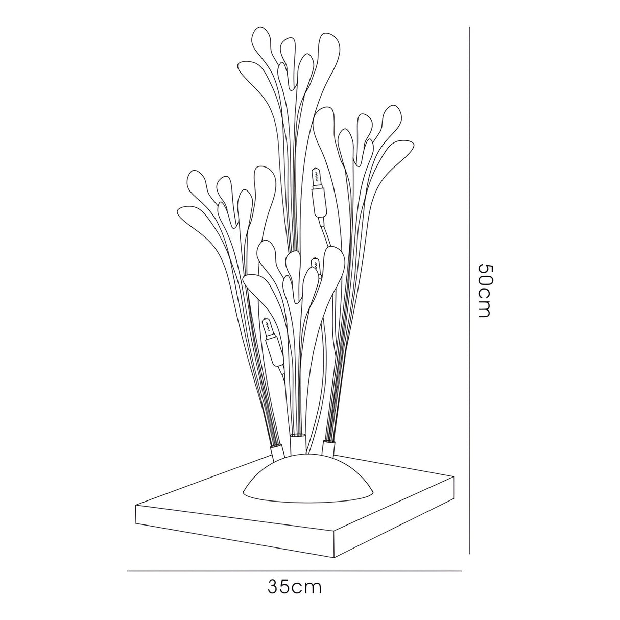 Line drawing of the Love 3 Light Table Lamp in polished chrome with white glass. Features tall, leaf-like shapes on a square base, two exposed bulbs, and measures 50 cm high by 35 cm wide.