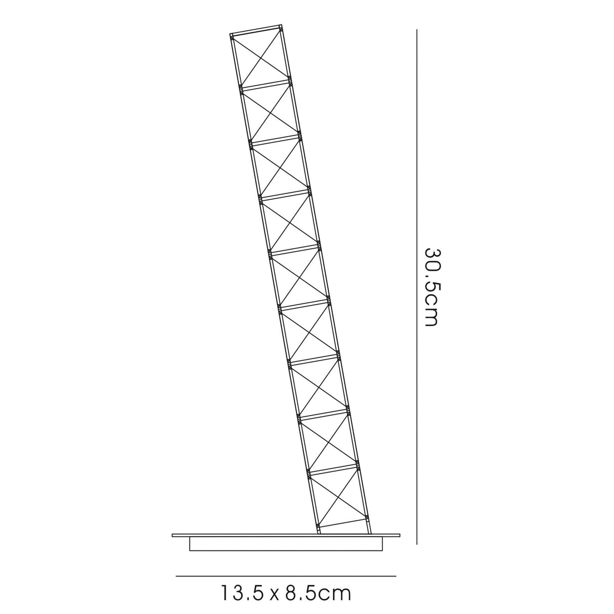 Line drawing of the Galaxy LED Crystal Table Lamp 3W 6000K in Polished Chrome, featuring a tall, leaning rectangular design with a grid pattern. Dimensions: height 30.5 cm, base 13.5 x 8.5 cm on a flat base.