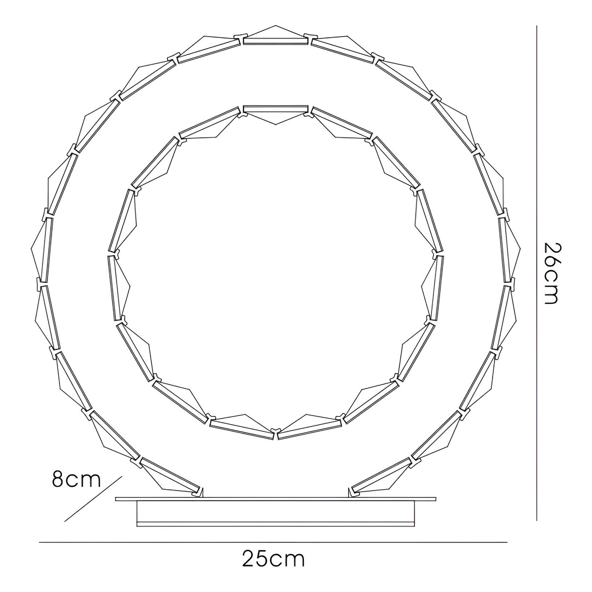 Line drawing of the Galaxy LED Crystal Table Lamp 10W 6000K in polished chrome, featuring two concentric circles on a rectangular base. Dimensions: 26cm tall (outer circle), 25cm wide (base), and 8cm deep—a modern lighting accent.