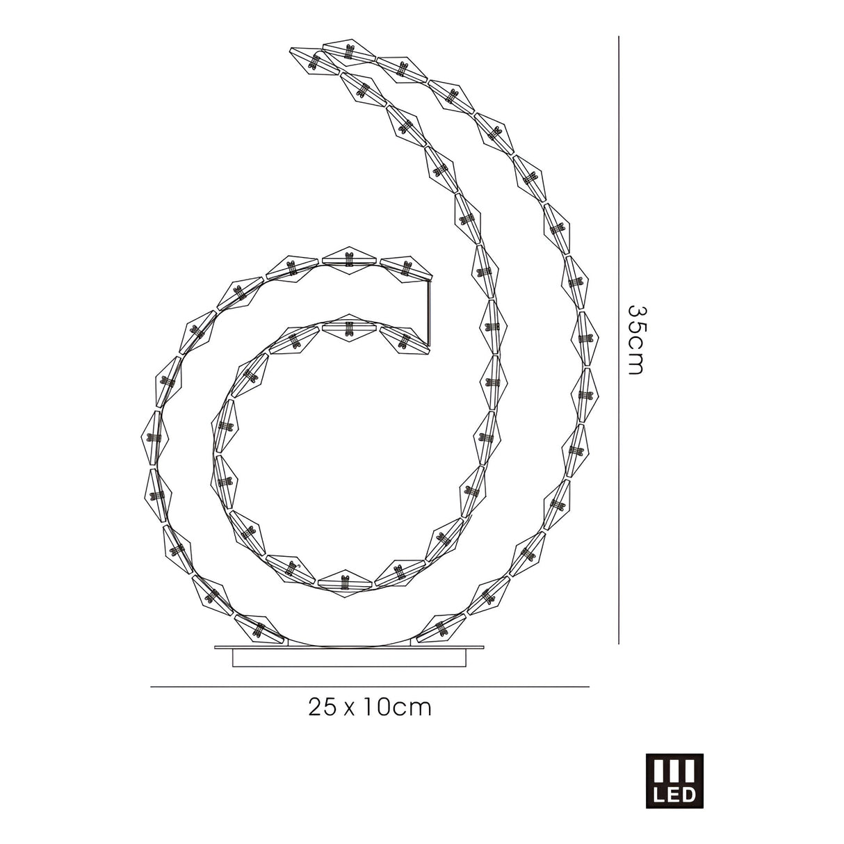 Line drawing of the Galaxy LED Crystal Table Lamp 12W 4000K in polished chrome, featuring a spiraling geometric design, 36 cm high with a 25 x 10 cm base. Modern interior lighting accent. LED icon in the corner.