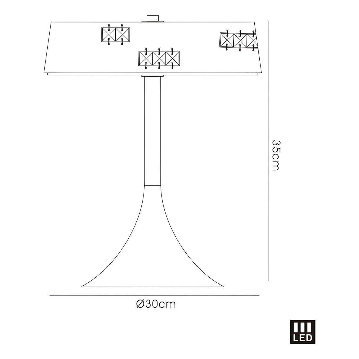 Line drawing of the Phoenix LED Crystal Table Lamp 9W 4000K - White, featuring a wide base, straight stem, and rectangular lampshade. Dimensions: 35 cm tall, 30 cm diameter. LED icon highlights its energy-efficient lighting.