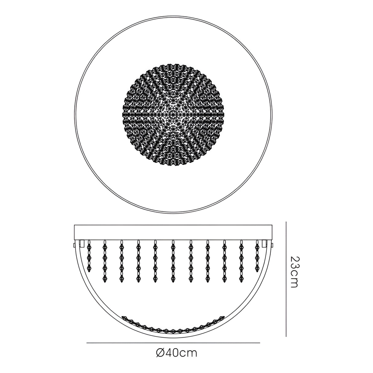 Technical line drawing of the Diyas Harper Large LED crystal flush ceiling light showing top and side views with 40cm diameter and 23cm height.