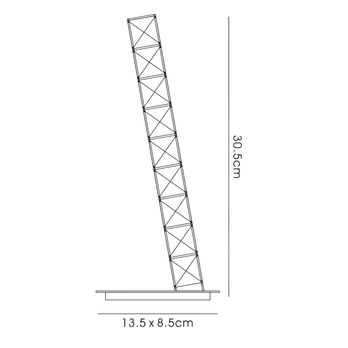 Line drawing of the Galaxy LED Crystal Table Lamp 3W 4000K in polished chrome, featuring a crisscross framework on a rectangular base. Measures 30.5 cm tall with a 13.5 x 8.5 cm base—ideal for modern spaces.