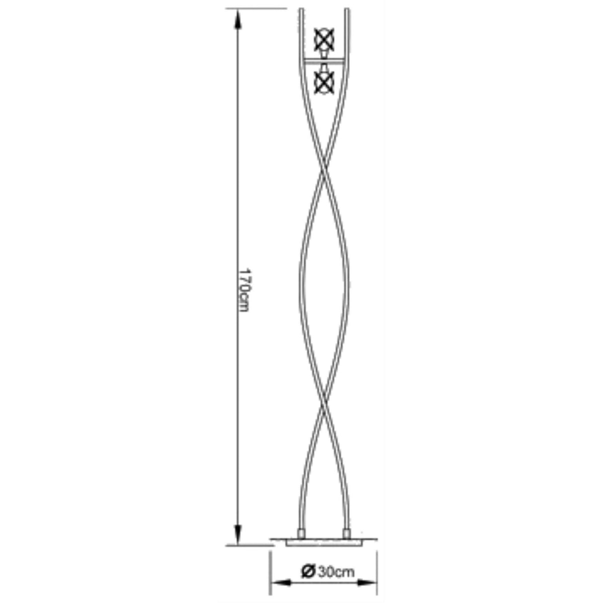 Line drawing of the Rosa Del Desierto 2 Light Floor Lamp in antique brass, featuring a tall twisted design, two elegant glass fixtures at the top, a 170 cm height, and a round base with a 30 cm diameter.