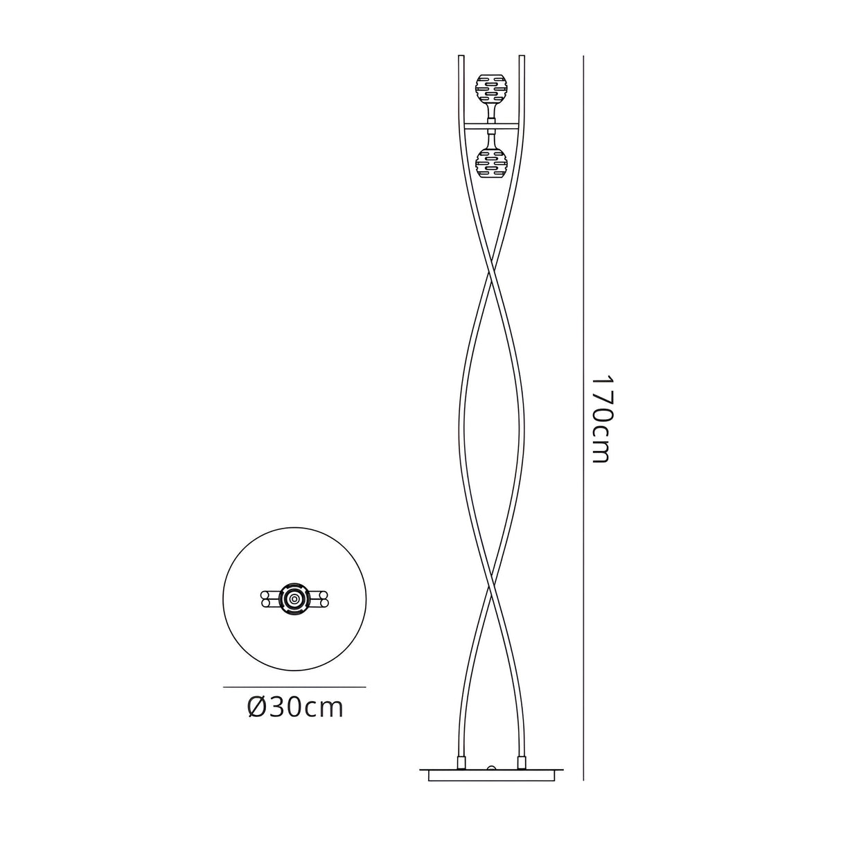 Line drawing of the Dali 2 Light Floor Lamp - Polished Brass, featuring two intertwined curved tubes, shown from the front and top. The lamp stands 170cm tall with a circular base diameter of 30cm.