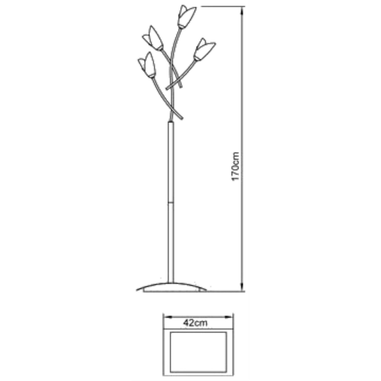 Line drawing of the Pietra 4 Light Floor Lamp in antique brass, featuring four upward-facing lights and a curved stem, standing 170 cm tall with a 42 cm wide rectangular base—an elegant source of ambient lighting for any room.
