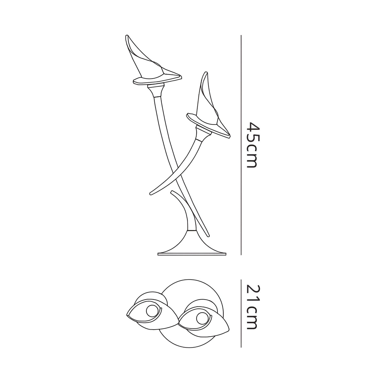 Line drawing of the Flavia 2 Light Table Lamp in Black Chrome, featuring two abstract stems with hat-like tops. Side view height is 45 cm, top view width is 21 cm, with dimensions shown beside and below the lamp.