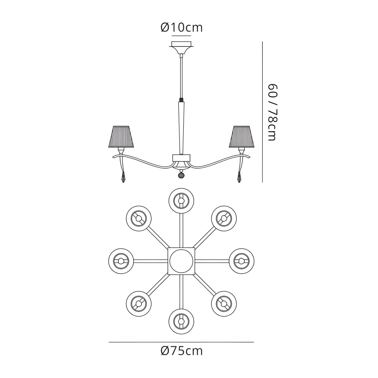 Siena 75cm 8 Light Chrome Crystal Chandelier - Brass With Amber Shades